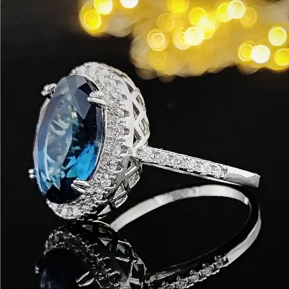 New 925 Silver Blue CZ Women Wedding Party Eternity Ring - Picture 3 of 6